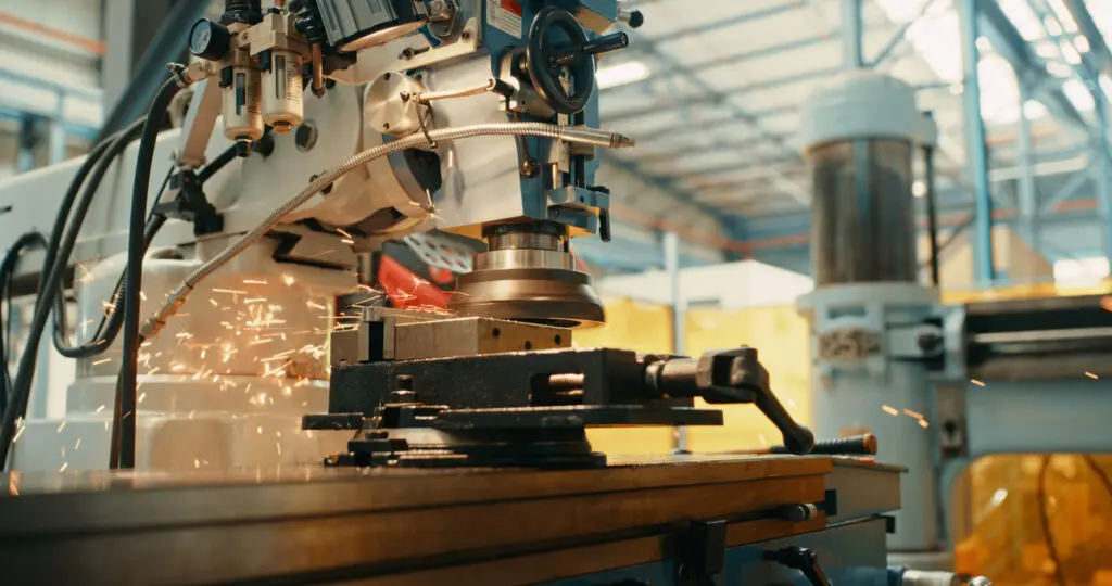 Machine tool cutting metal with sparks flying.