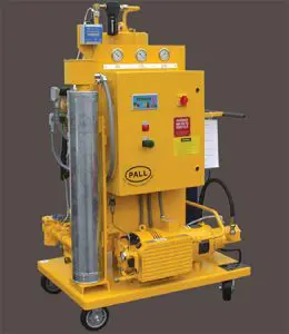 Industrial yellow control panel machine on wheels.