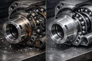 CNC spindle failure vs. optimal condition. For illustration, not the actual spindle.